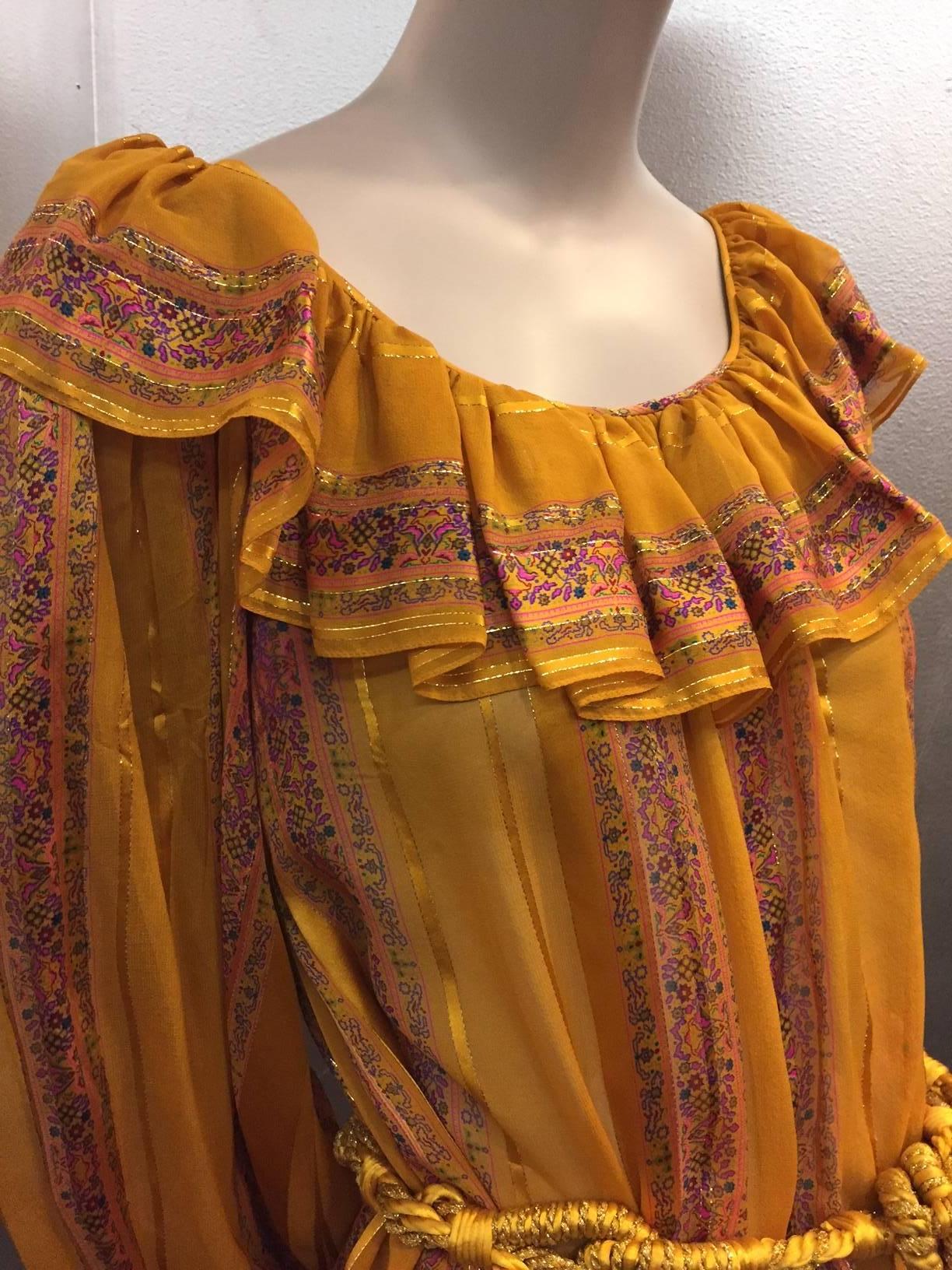 1970s Peasant Blouse in Luxurious Mustard Floral and Lamé Stripe w Belt 1