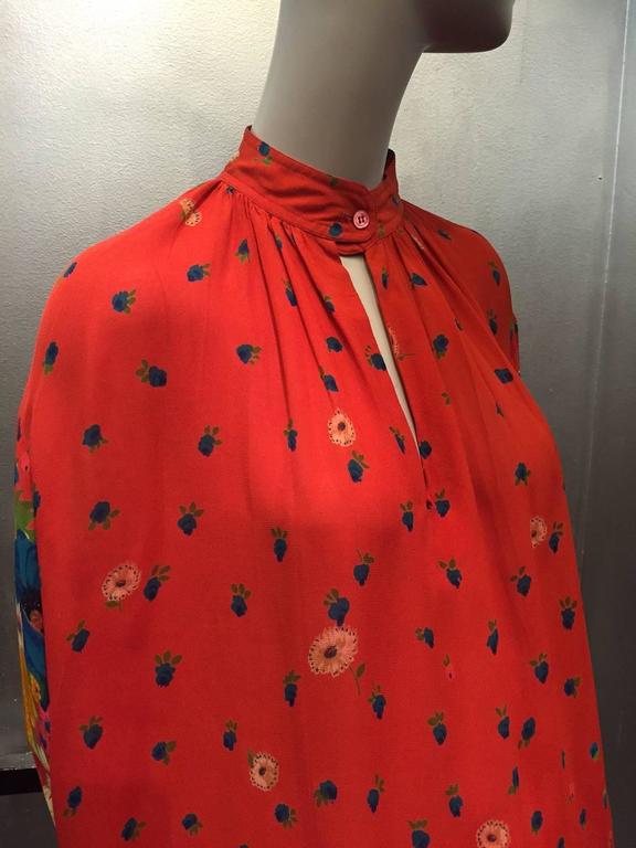 1970s Rayon Floral Border Print Peasant Dress with Keyhole Neckline For