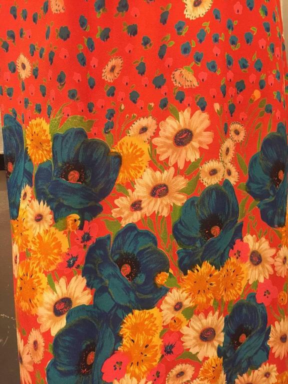 1970s Rayon Floral Border Print Peasant Dress with Keyhole Neckline For