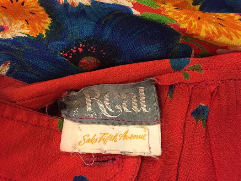 1970s Rayon Floral Border Print Peasant Dress with Keyhole Neckline For