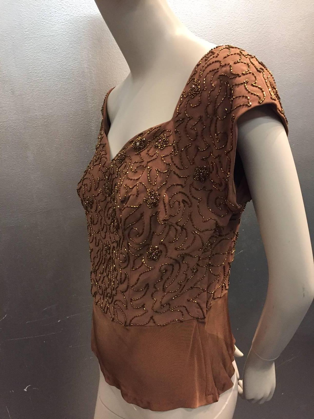 Women's 1950s Mocha Rayon Crepe Evening Top w Sweetheart Neckline and Copper Beading