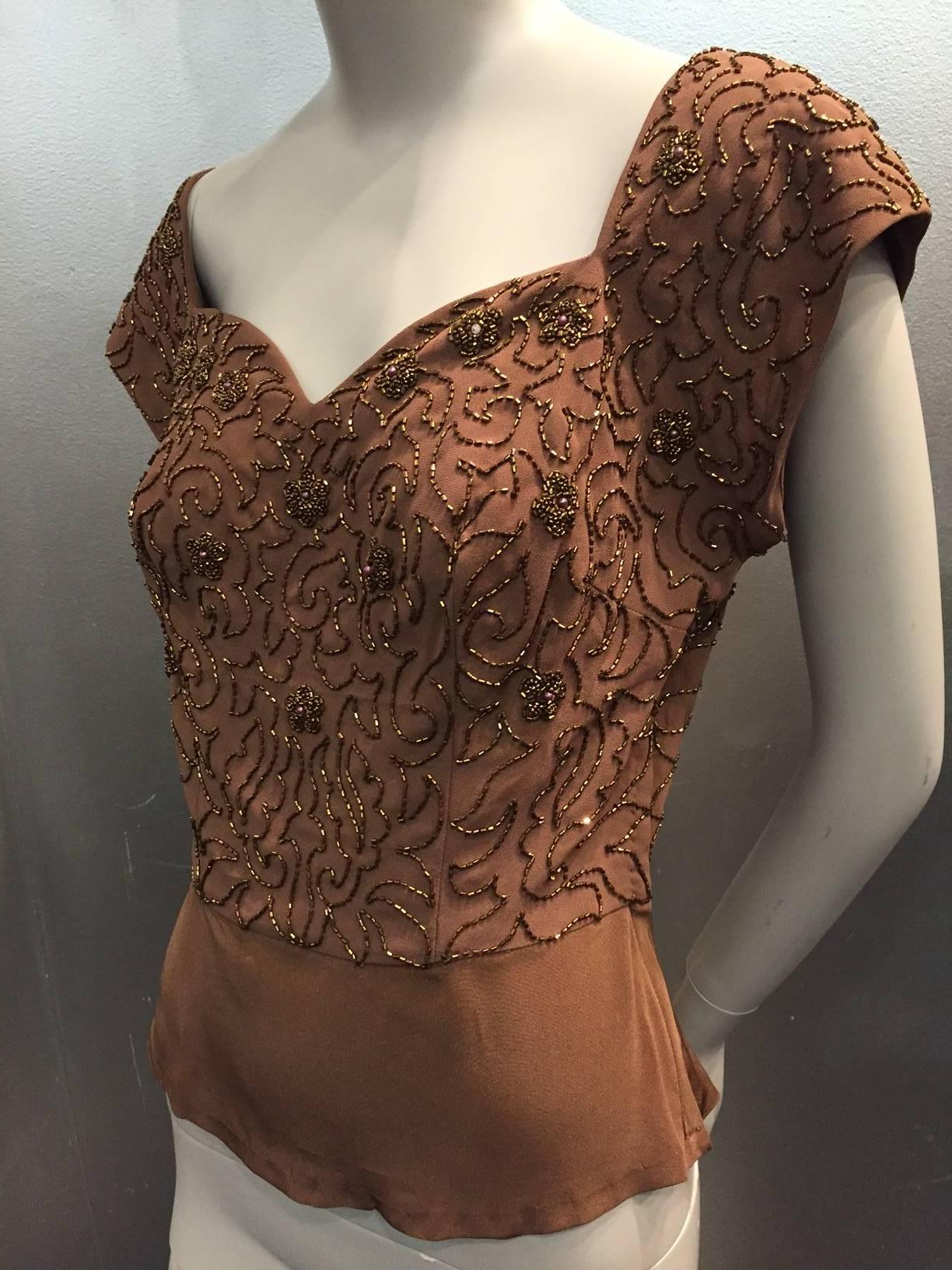 Brown 1950s Mocha Rayon Crepe Evening Top w Sweetheart Neckline and Copper Beading