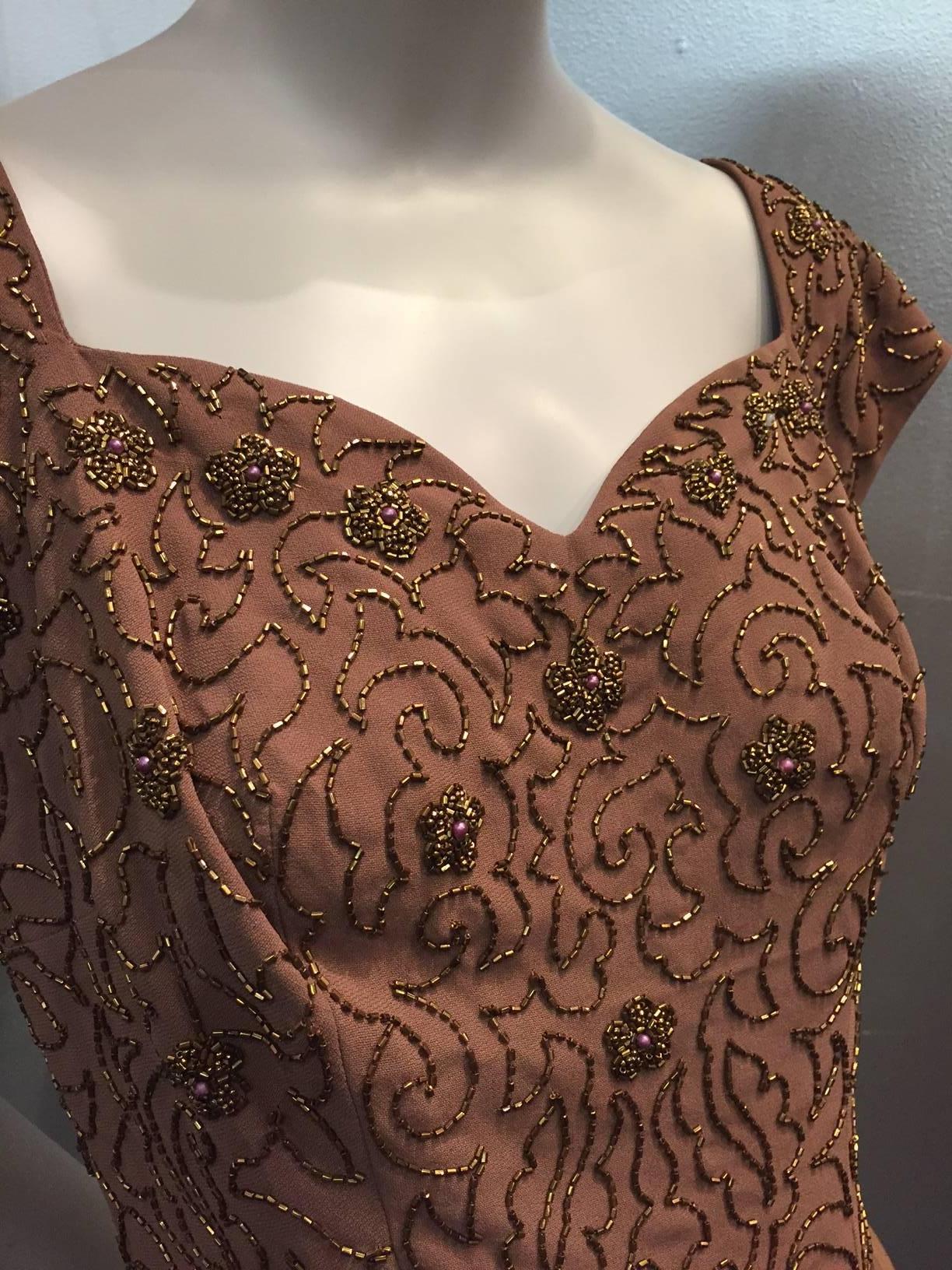 1950s Mocha Rayon Crepe Evening Top w Sweetheart Neckline and Copper Beading 1