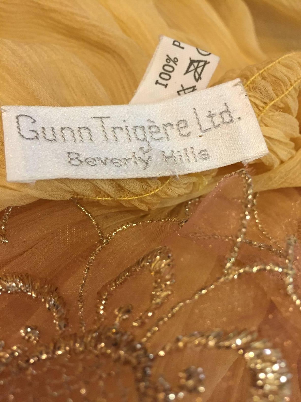 Women's 1970s Gunn Trigere Honey-Color Silk Chiffon Goddess Gown w/ Lamé Lace Trim