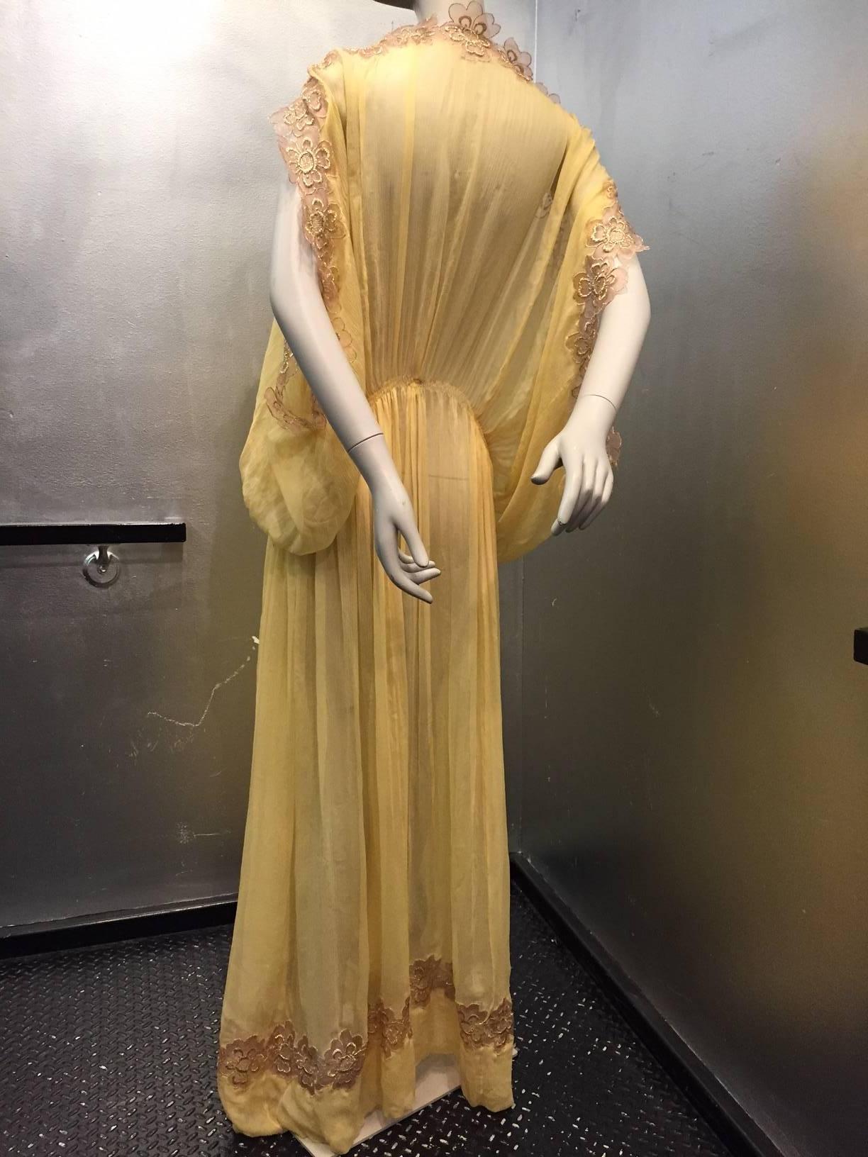 Brown 1970s Gunn Trigere Honey-Color Silk Chiffon Goddess Gown w/ Lamé Lace Trim
