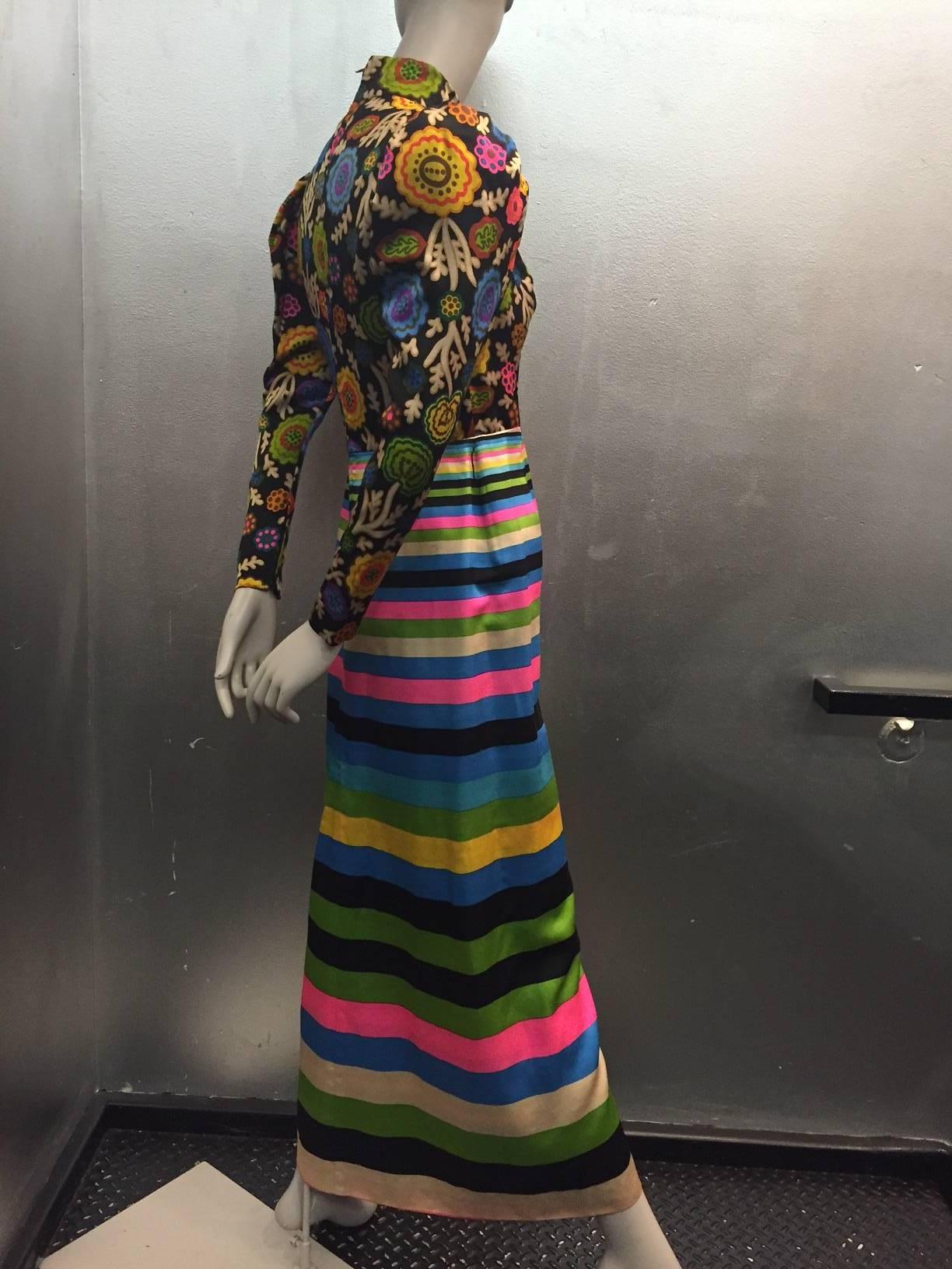 1960s Lanvin Polished Cotton Maxi in Vivid Stripes and Florals In Excellent Condition In Gresham, OR