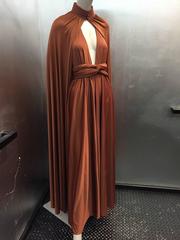 1970s Cinnamon Jersey 3-Piece Halter Maxi Dress and Cape Ensemble w/ Belt