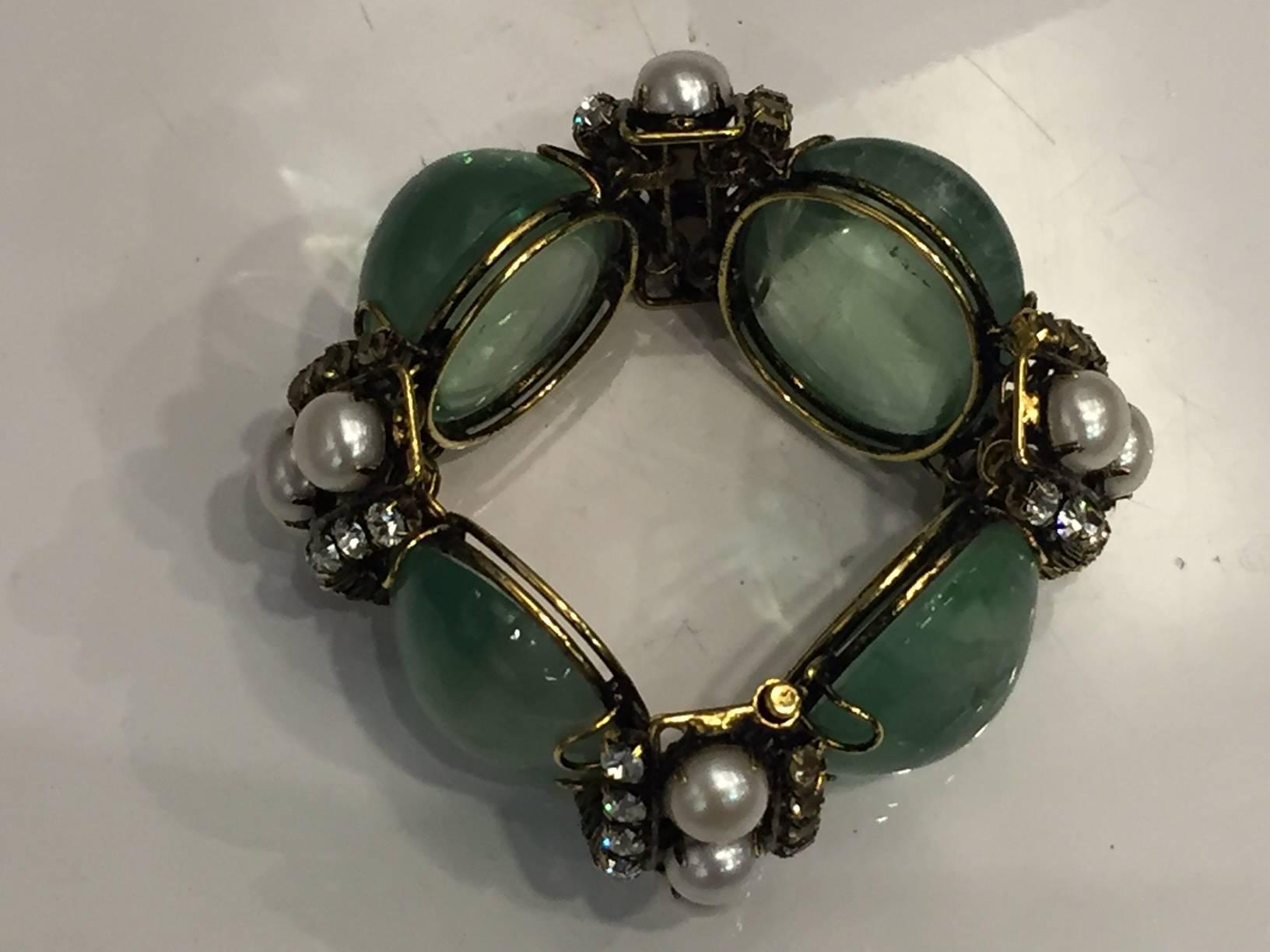 Women's Iradj Moini Massive Bracelet with Green Cabochon Quartz  Pearls and Topaz 