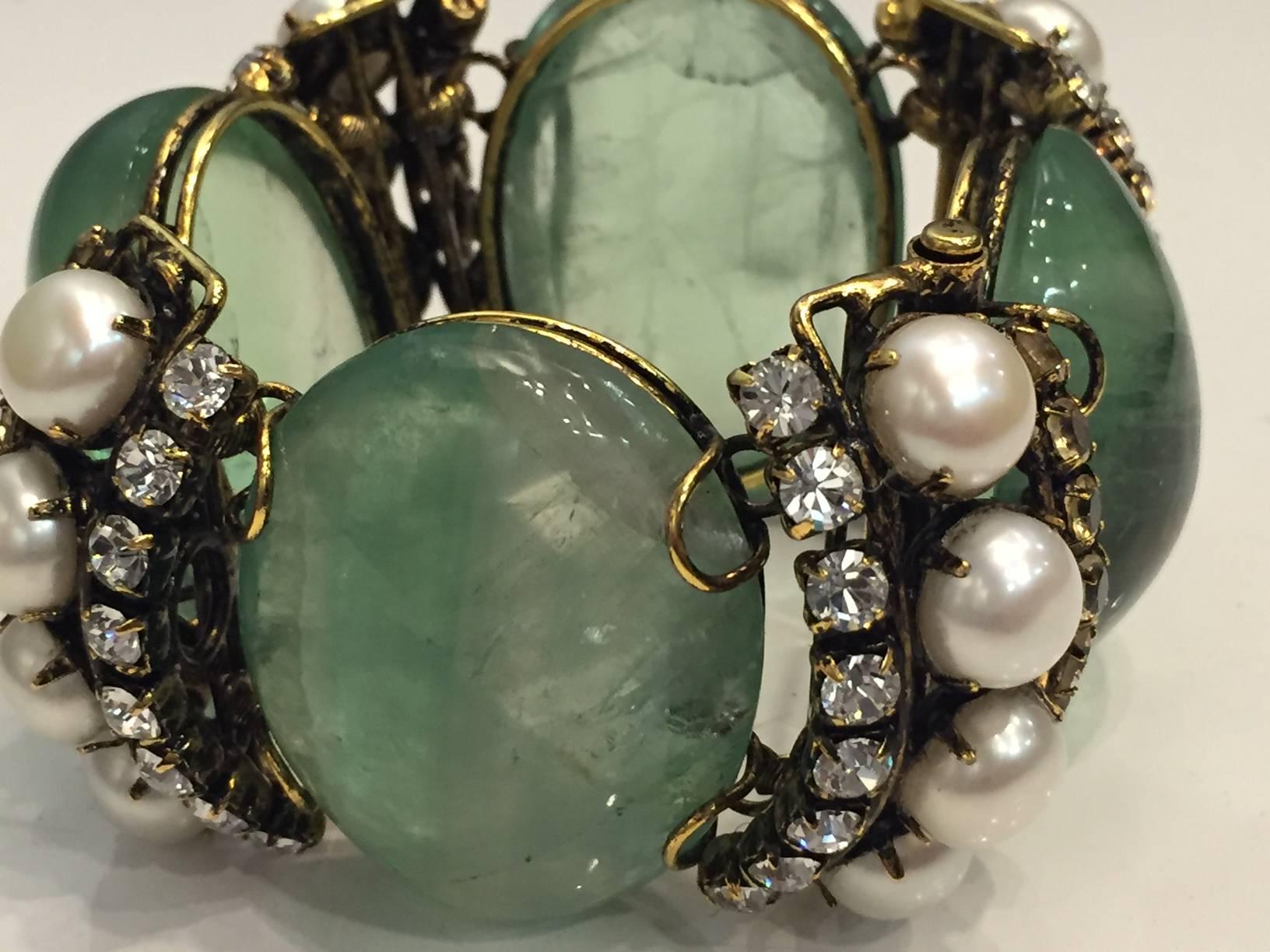 Iradj Moini Massive Bracelet with Green Cabochon Quartz  Pearls and Topaz  1