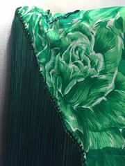 1950s Emerald Cabbage Rose Print Taffeta Shawl w/ Sequins and Rayon Fringe