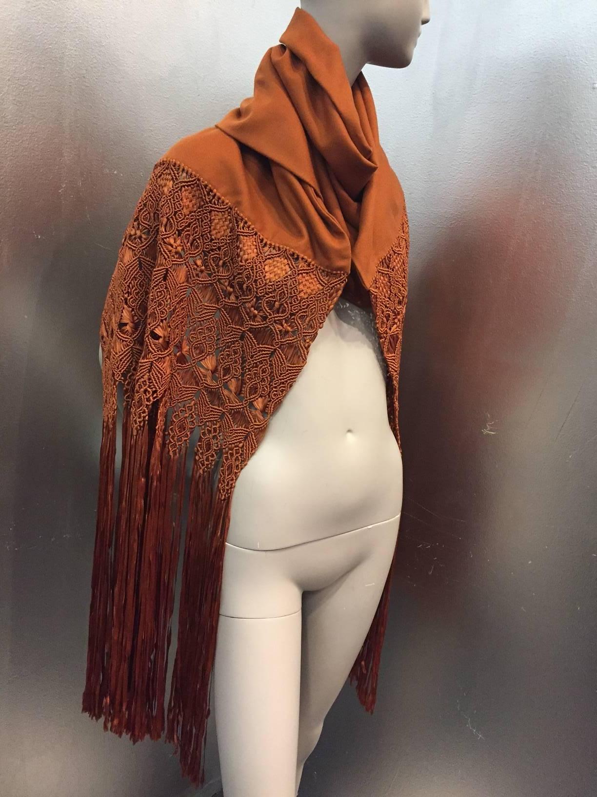 Brown 1970s Cinnamon Wool Crepe Shawl w/ Macramé Rayon and Silk Ribbon Fringe