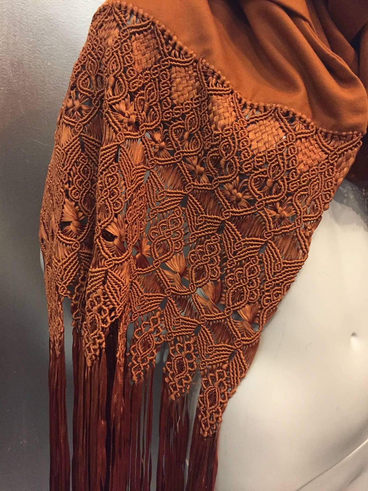 1970s Cinnamon wool crepe shawl with macramé rayon and silk ribbon fringe. Long and luxurious. 