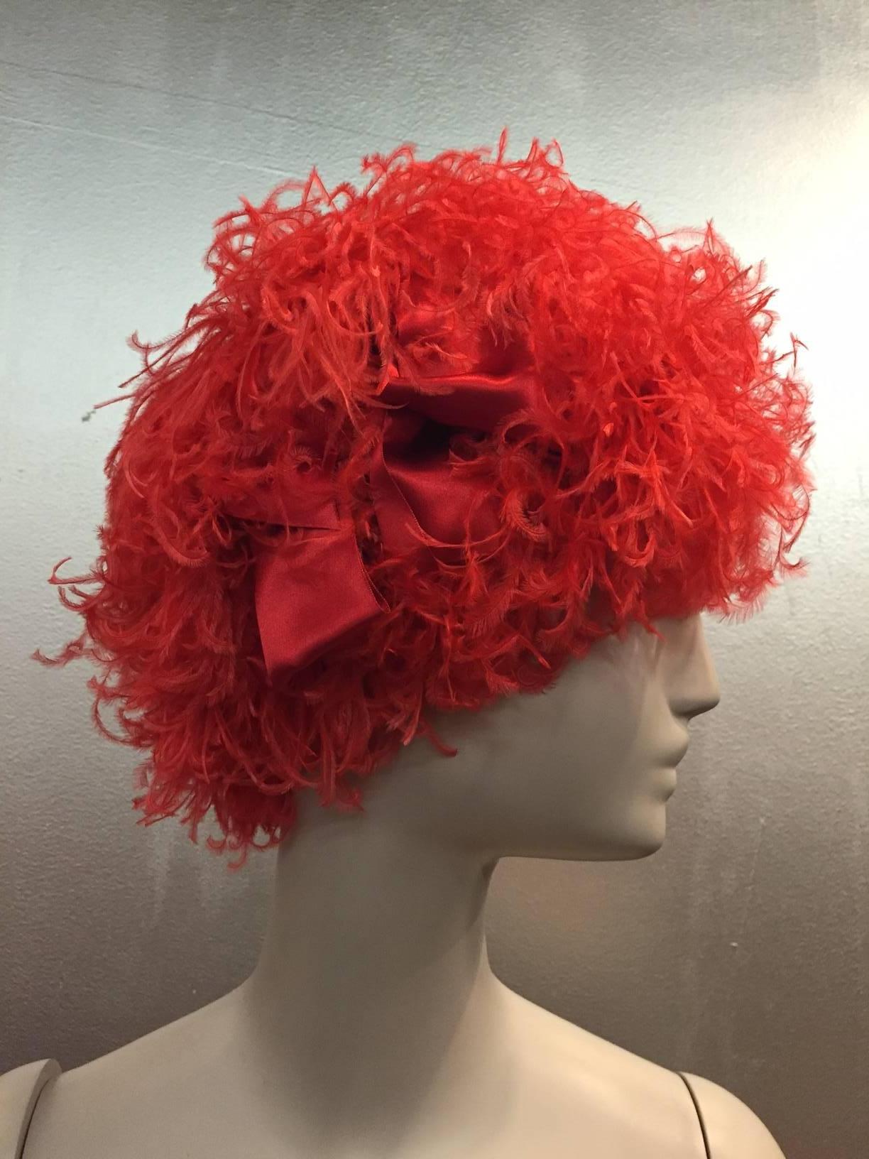 1960s Trébor Coral Red Curled Ostrich Feather Cocktail Hat In Excellent Condition In Gresham, OR