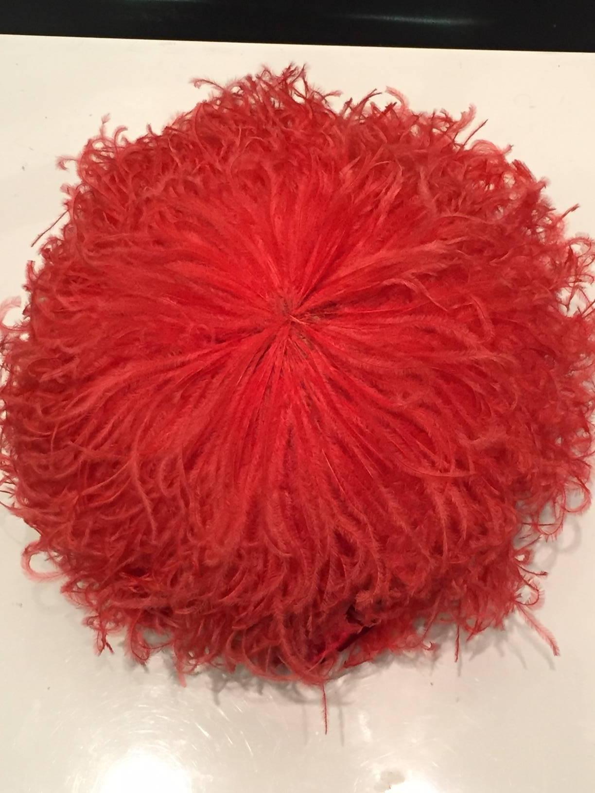 Women's 1960s Trébor Coral Red Curled Ostrich Feather Cocktail Hat