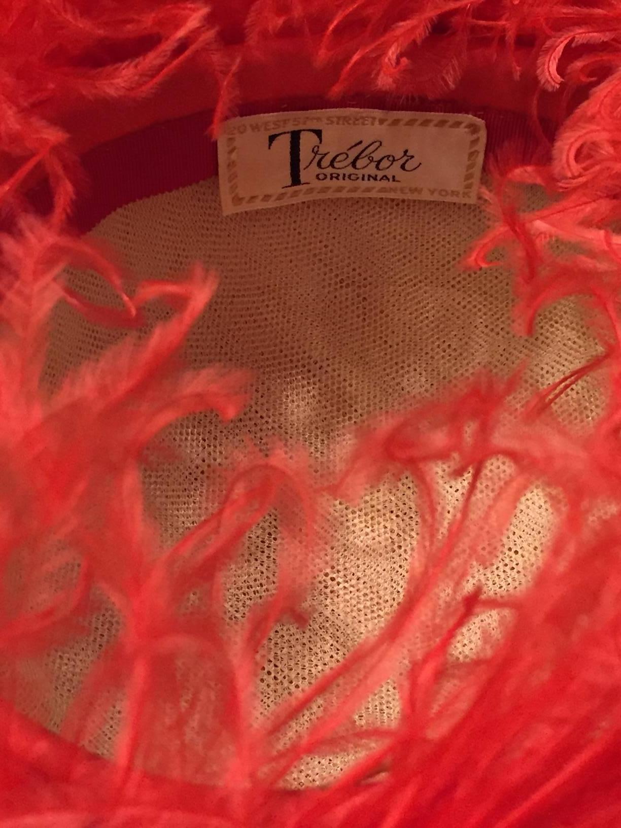 1960s Trébor Coral Red Curled Ostrich Feather Cocktail Hat 1