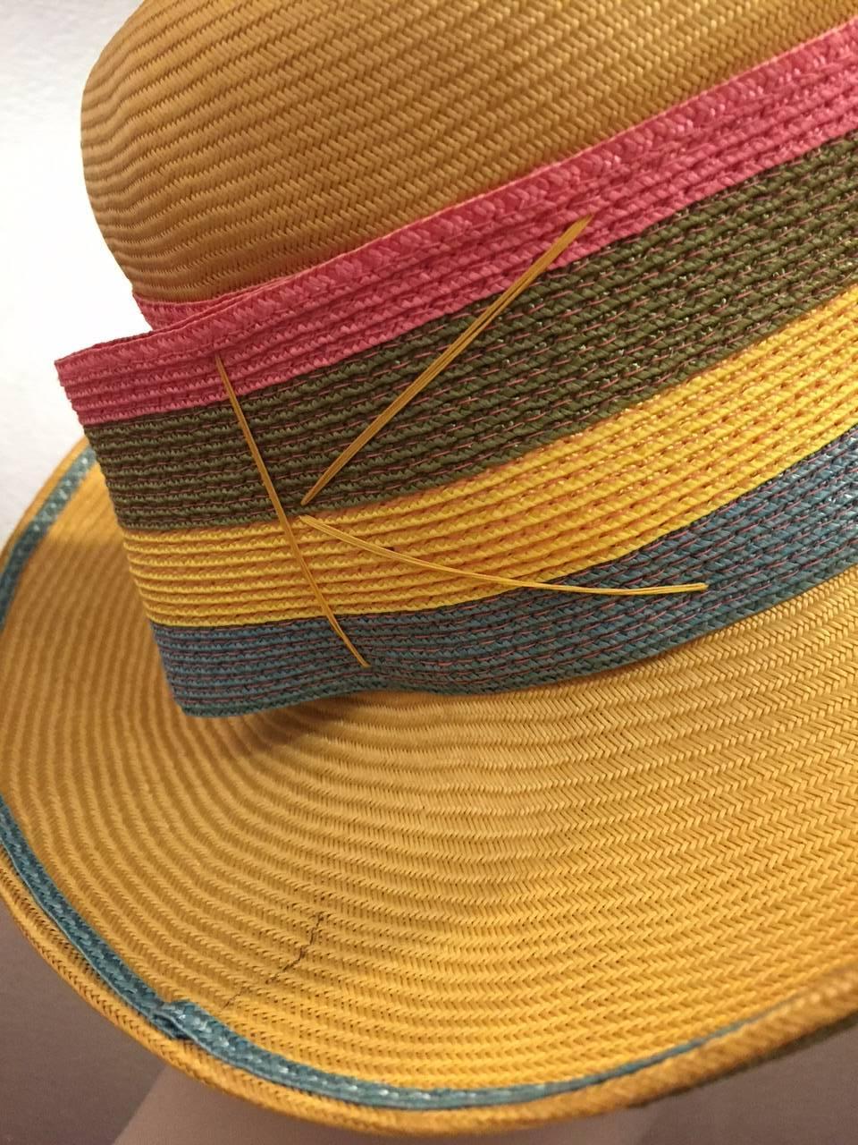 Brown 1960s Schiaparelli Yellow Straw Brimmed Hat w/ Striped Straw Band