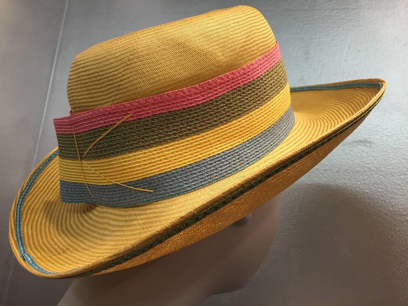 1960s Schiaparelli Yellow Straw Brimmed Hat w/ Striped Straw Band In Excellent Condition In Gresham, OR