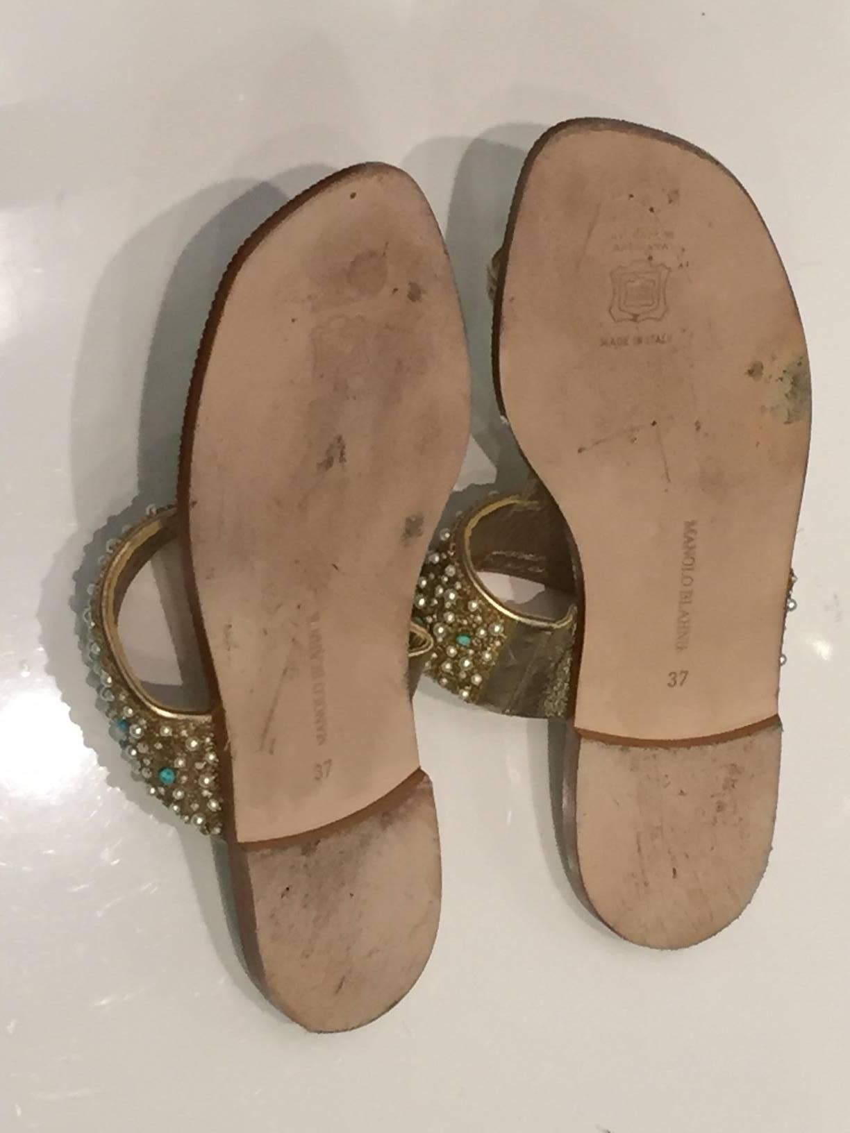 Manolo Blahnik Gold Leather Sandal with Turquoise, Pearl and Gold Beaded Vamp 1