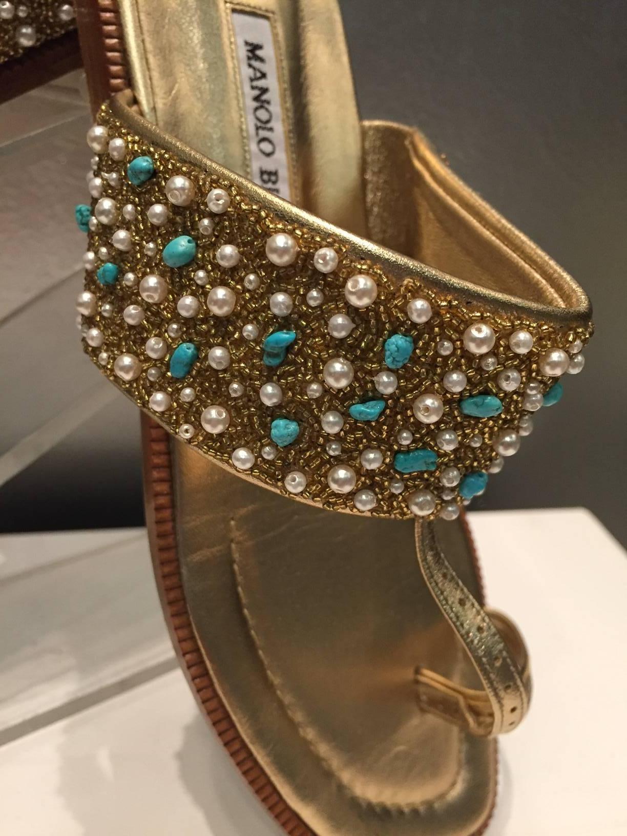 Women's Manolo Blahnik Gold Leather Sandal with Turquoise, Pearl and Gold Beaded Vamp