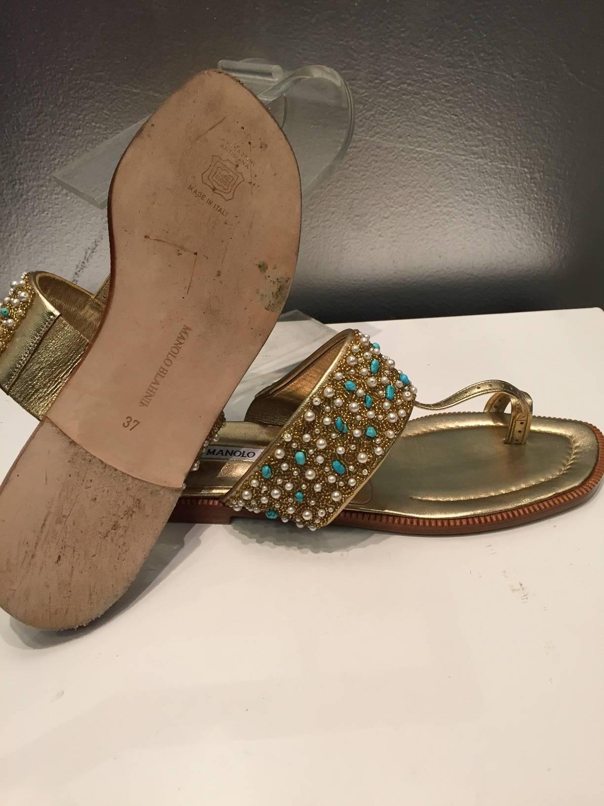 Manolo Blahnik Gold Leather Sandal with Turquoise, Pearl and Gold Beaded Vamp In Excellent Condition In Gresham, OR