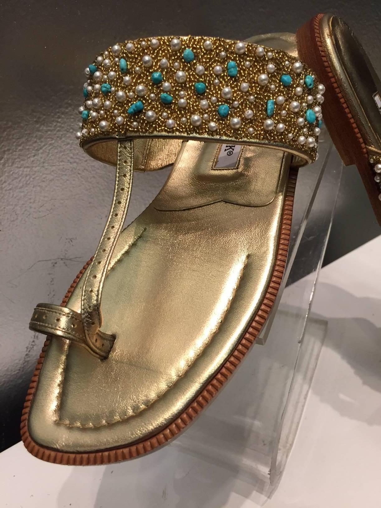 Brown Manolo Blahnik Gold Leather Sandal with Turquoise, Pearl and Gold Beaded Vamp