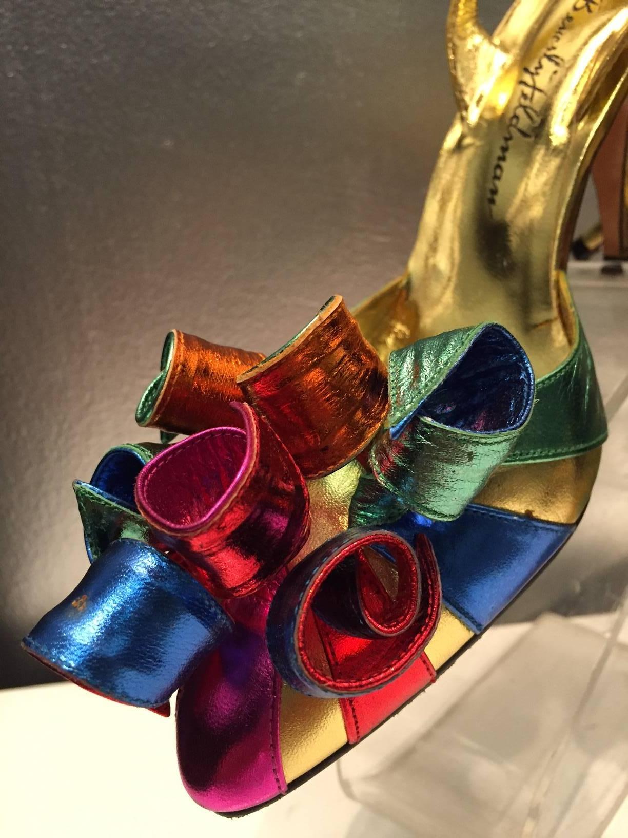 Fabulous 1980s Beverly Feldman rainbow-hued metallic leather statement shoes!  Slingback stiletto style with closed toe and large leather spiral pom pom at the vamp.  