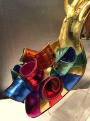 1980s Beverly Feldman Metallic Leather Rainbow Slingbacks w Leather Spirals