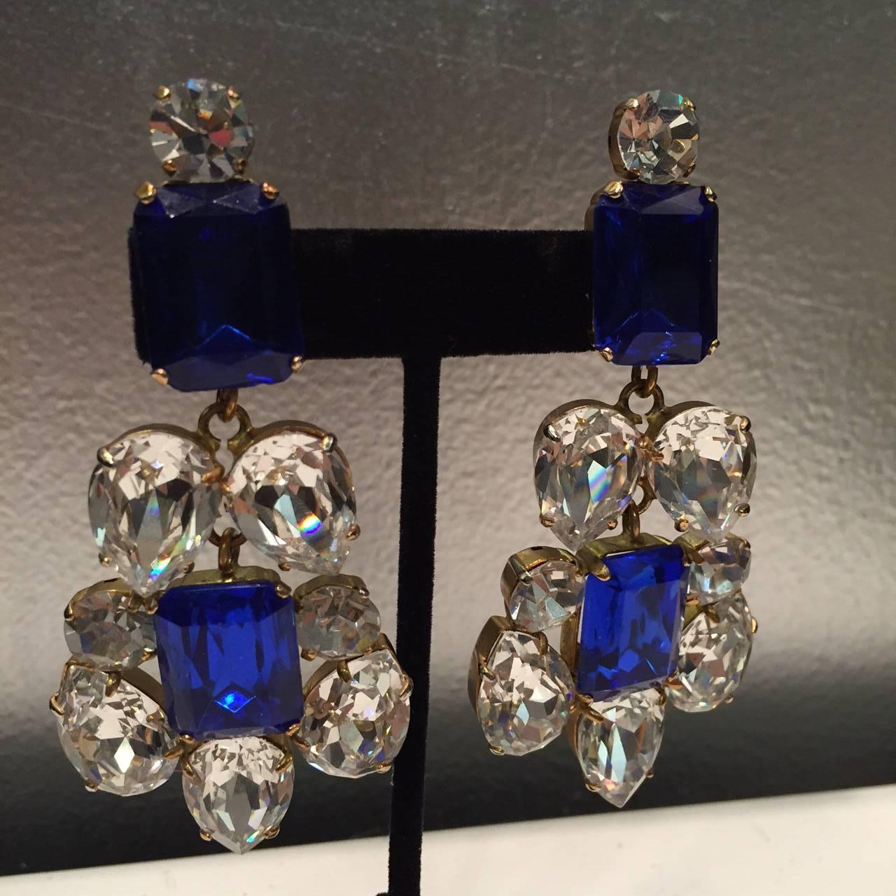 Retro Stunning Sapphire & Rhinestone Chandelier Earrings 