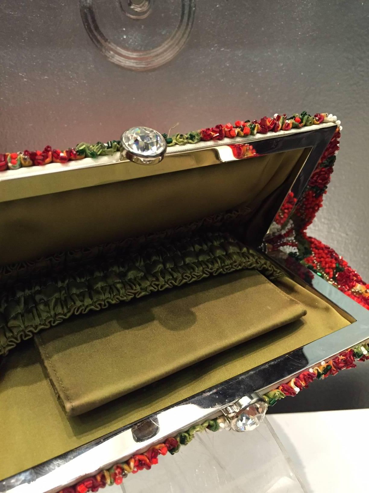 1950s Nettie Rosenstein Stylized Floral Beaded and Stoned Evening Clutch  In Excellent Condition In Gresham, OR