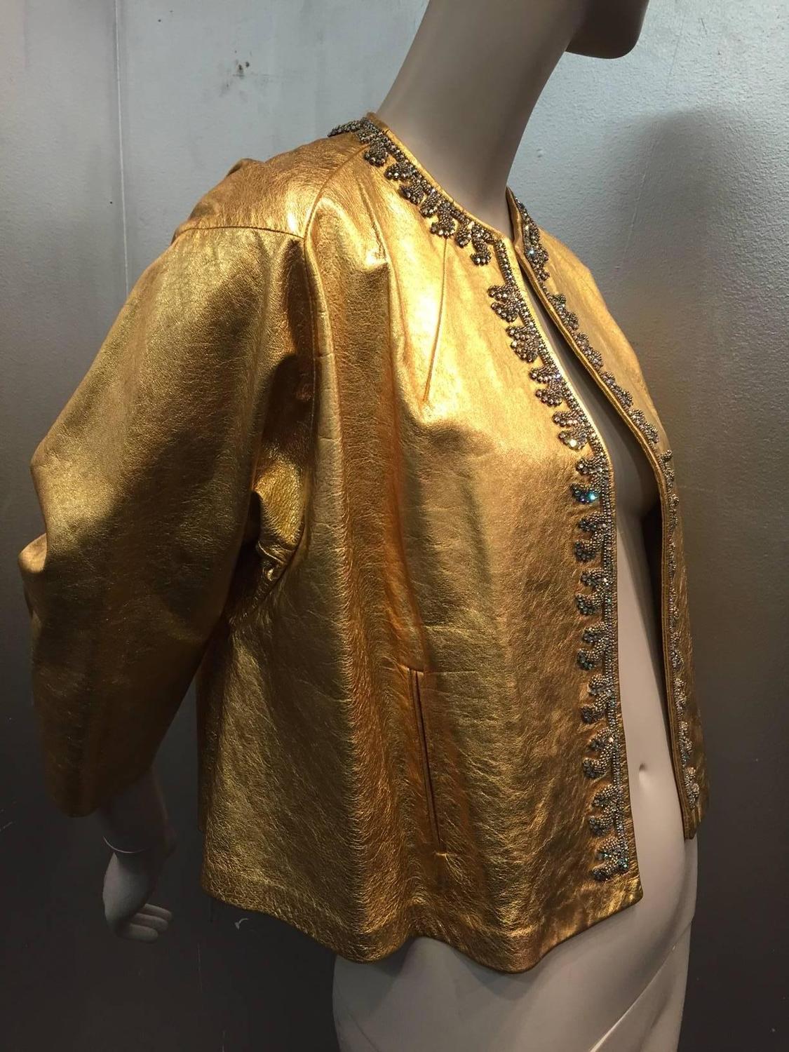 1950s Gold Gilt Leather BoxyCut Evening Jacket w Beading and Rhinestone Detail For Sale at 1stdibs
