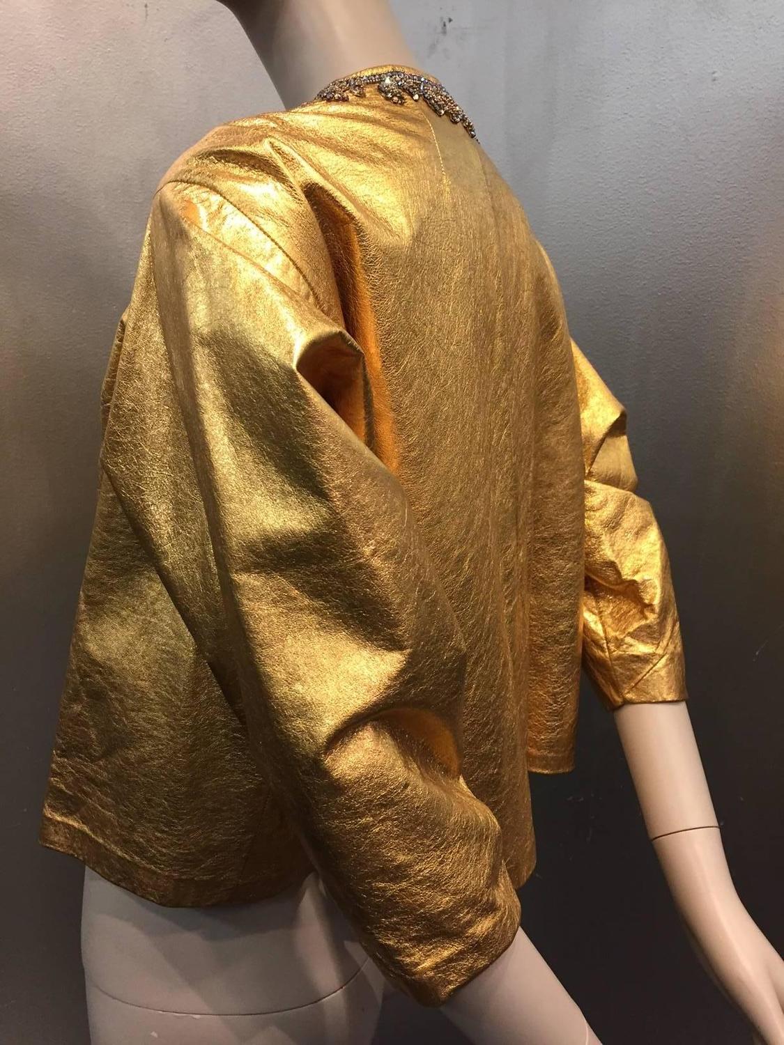 1950s Gold Gilt Leather BoxyCut Evening Jacket w Beading and Rhinestone Detail For Sale at 1stdibs