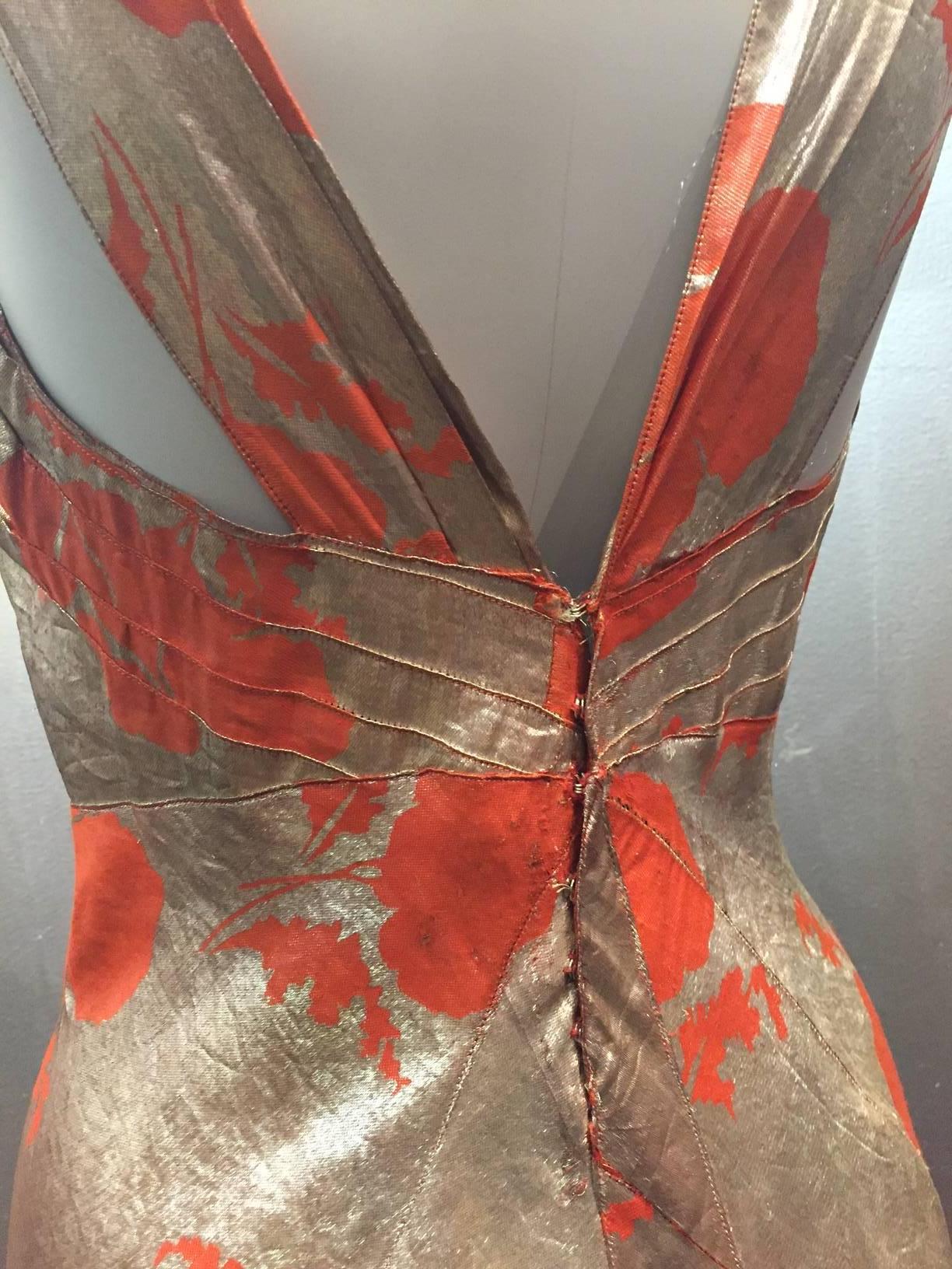 1930s Germaine Monteil Gold and Persimmon Floral Silk Lamé Evening Gown  In Excellent Condition In Gresham, OR