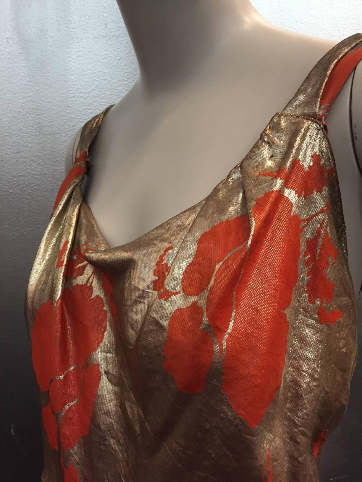 Women's 1930s Germaine Monteil Gold and Persimmon Floral Silk Lamé Evening Gown 