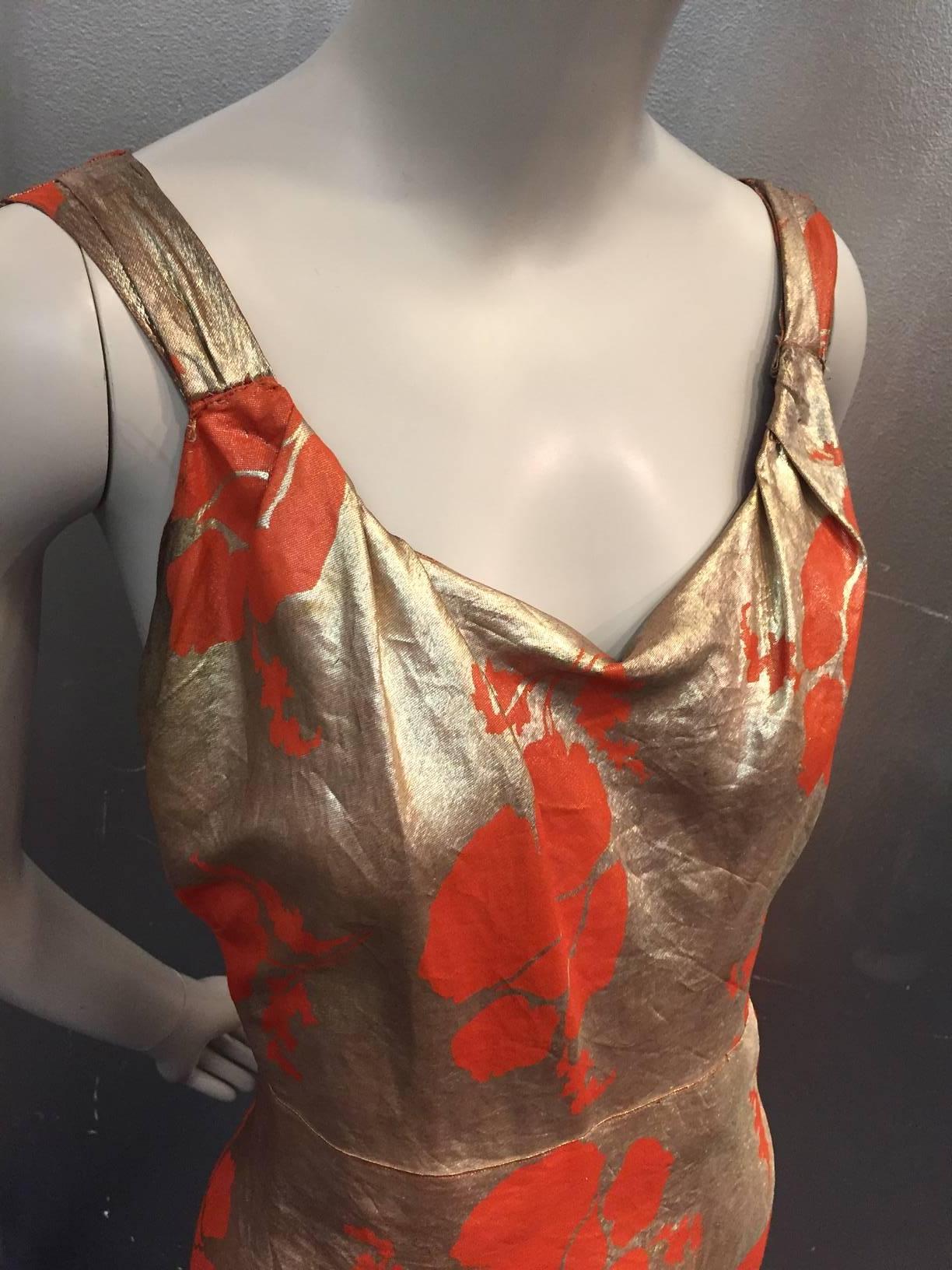1930s Germaine Monteil Gold and Persimmon Floral Silk Lamé Evening Gown  1