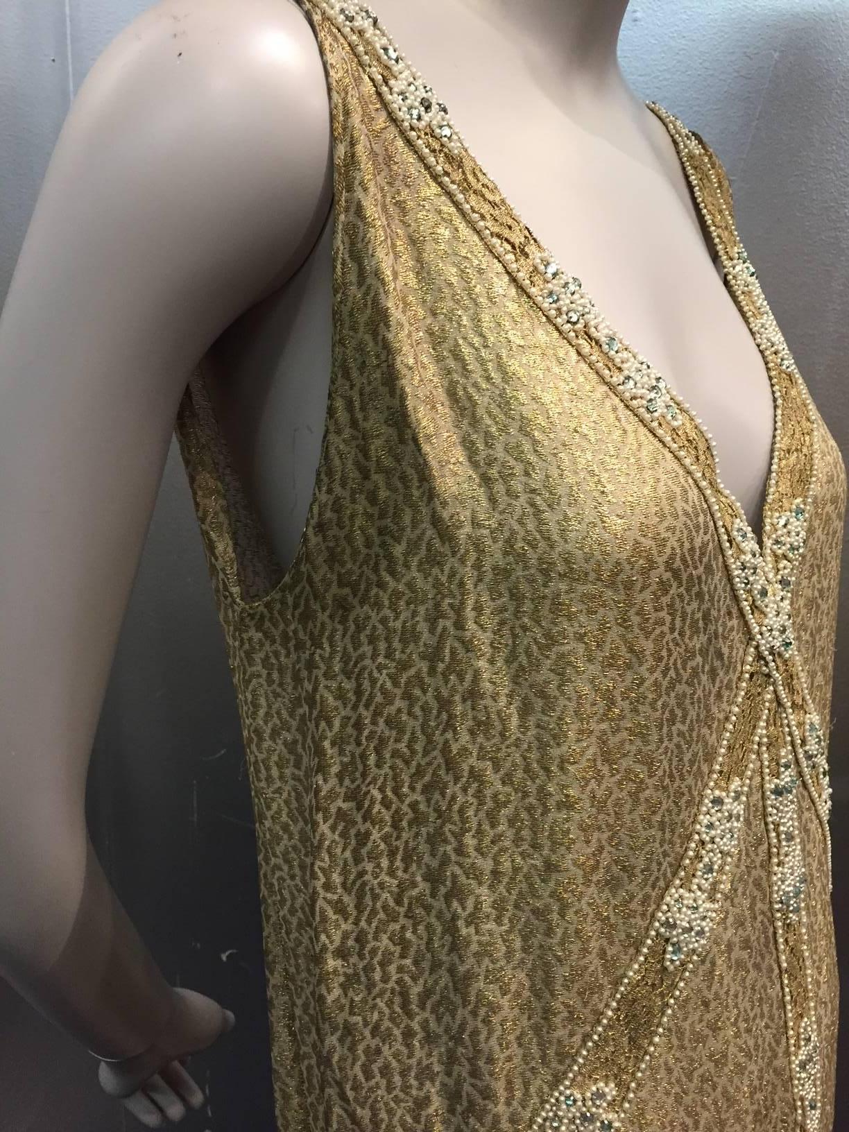 Women's 1920s Thurn Gold Lamé Lace Evening Dress and Ostrich Feather Vest Ensemble