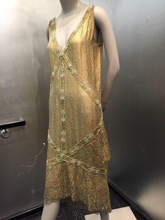 1920s Thurn Gold Lamé Lace Evening Dress and Ostrich Feather Vest ...