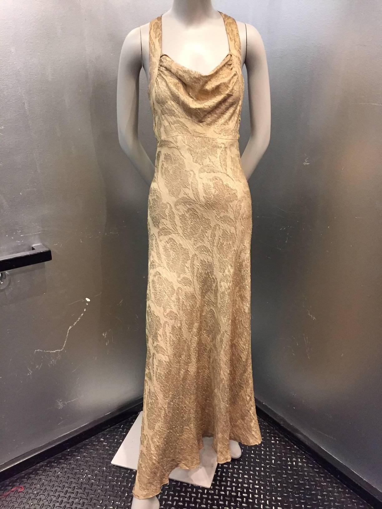 1930s Sexy Gold Floral Brocade Lamé Bias-Cut Gown with Extreme Plunging ...