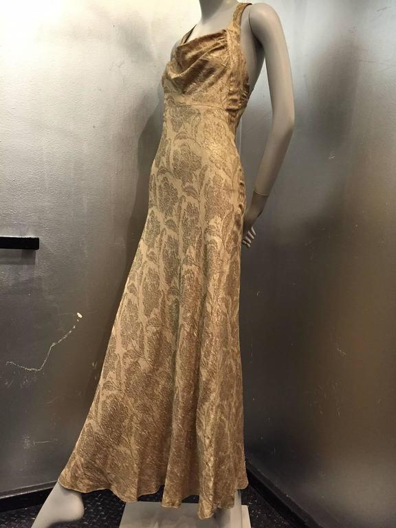 1930s Sexy Gold Floral Brocade Lamé Bias-Cut Gown with Extreme Plunging ...