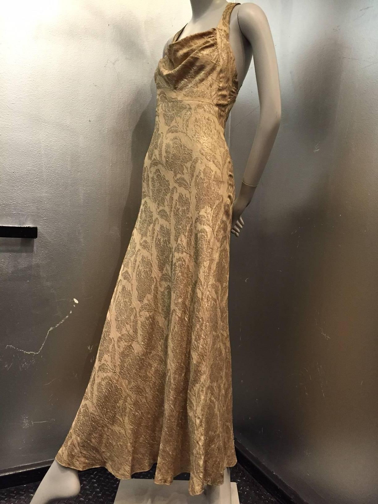 1930s Siren gown in gold floral lamé brocade:  Racer back with extremely low plunge!  Full cowl neck front.  The sexiest dress in the room! 