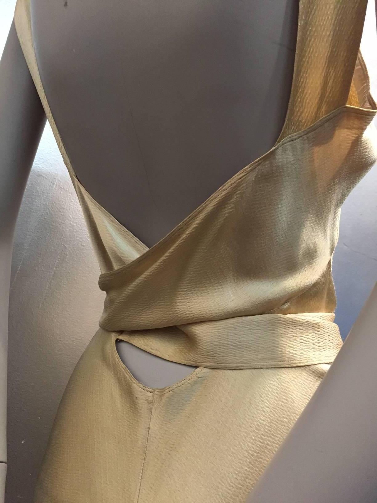 Brown 1930s Spectacular Champagne Gold Hammered Silk Satin Gown w Plunging Back