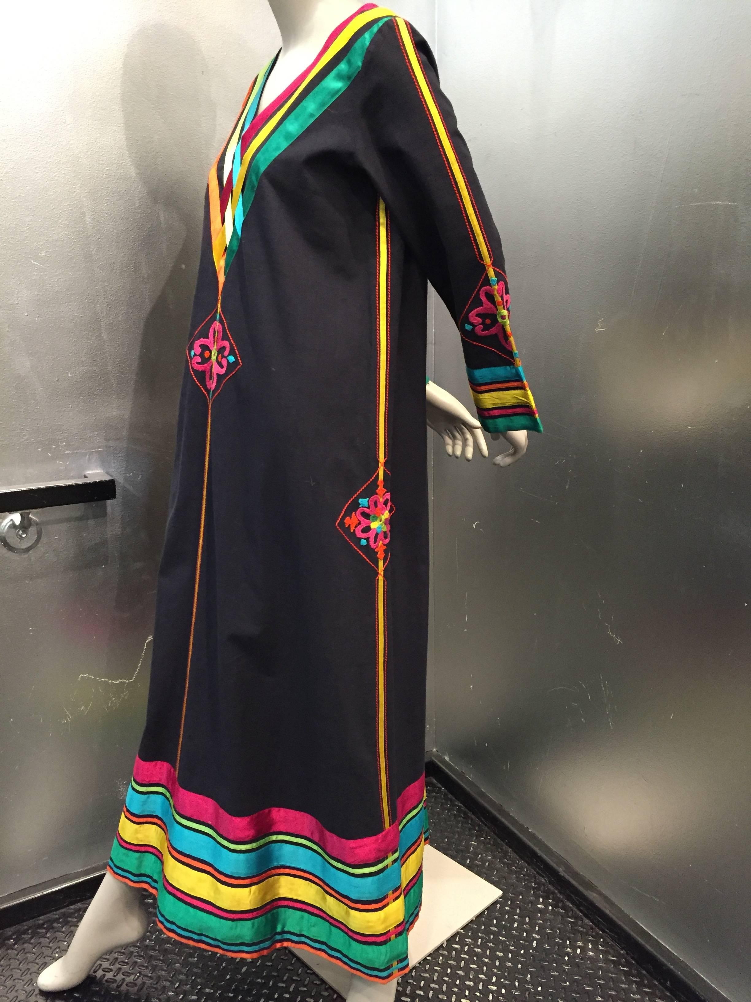 Women's 1970s Josefa Hand-Crafted Cotton Caftan with Rainbow Ribbon Trim and Embroidery