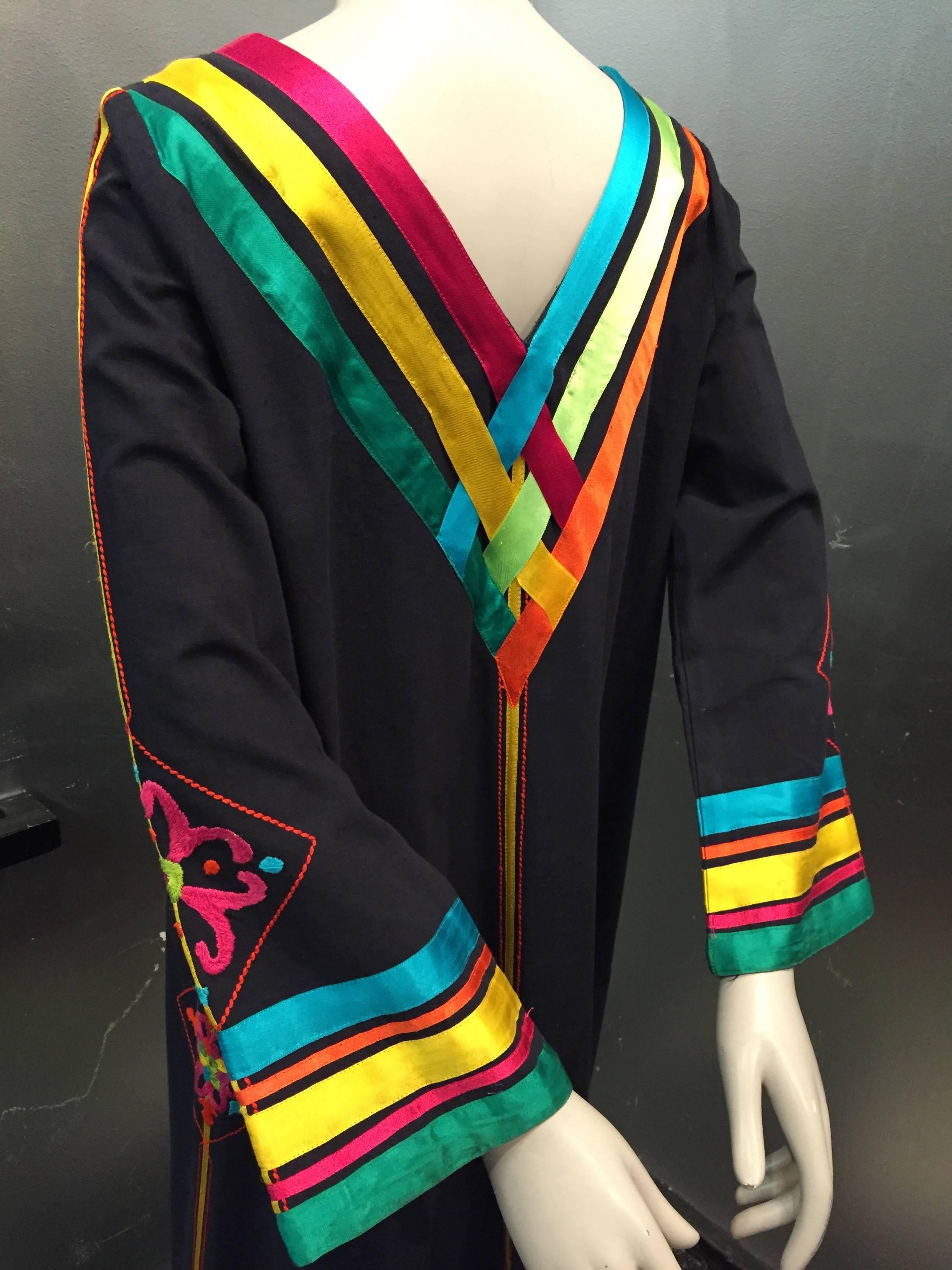 1970s Josefa Hand-Crafted Cotton Caftan with Rainbow Ribbon Trim and Embroidery 1