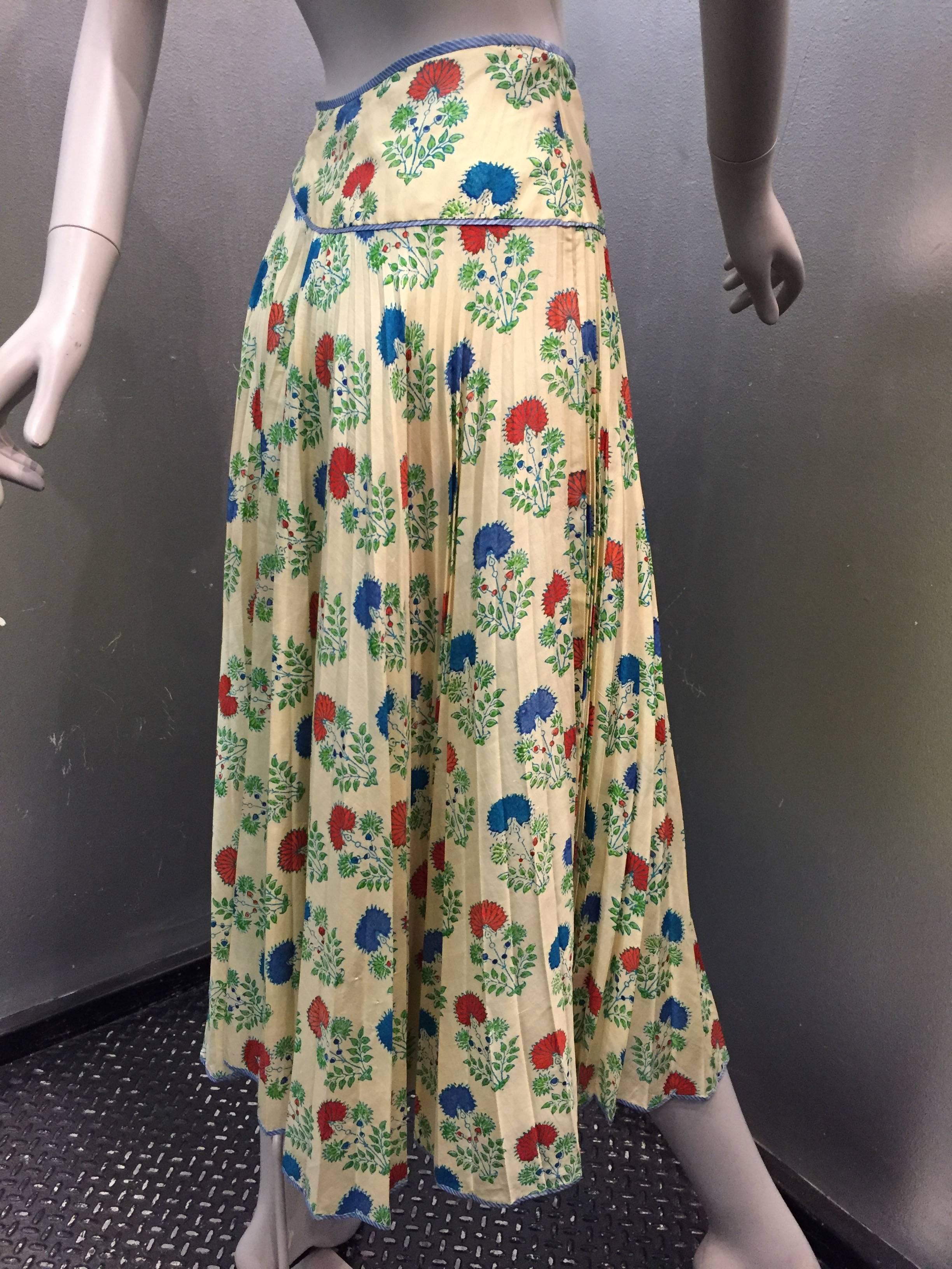 1970s silk block-printed and pleated Indian circle skirt with attached lining and waist yolk.  Side zipper.  Waist 25