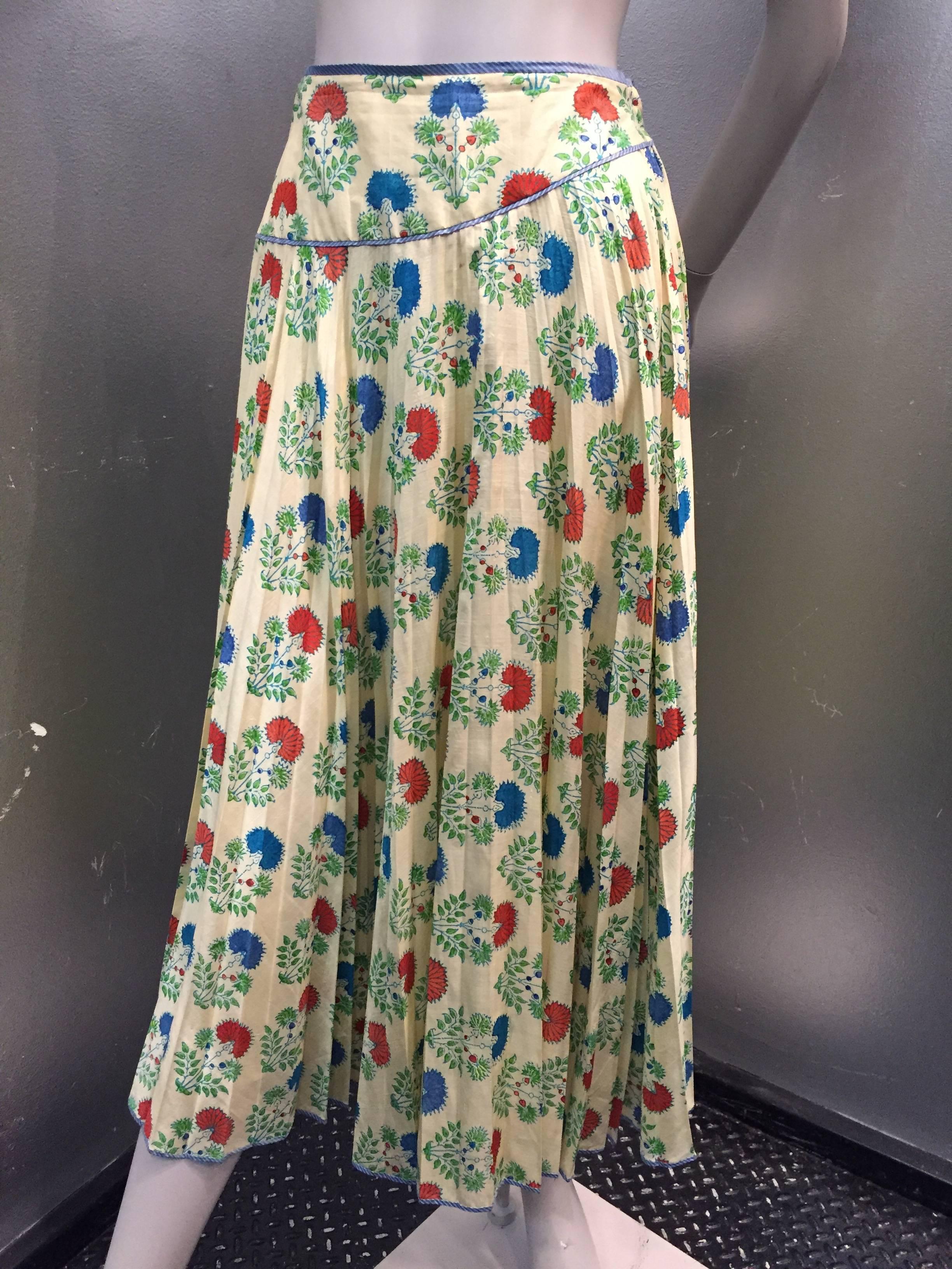 Brown 1970s Silk Block-Printed Pleated Indian Circle Skirt with Yolk