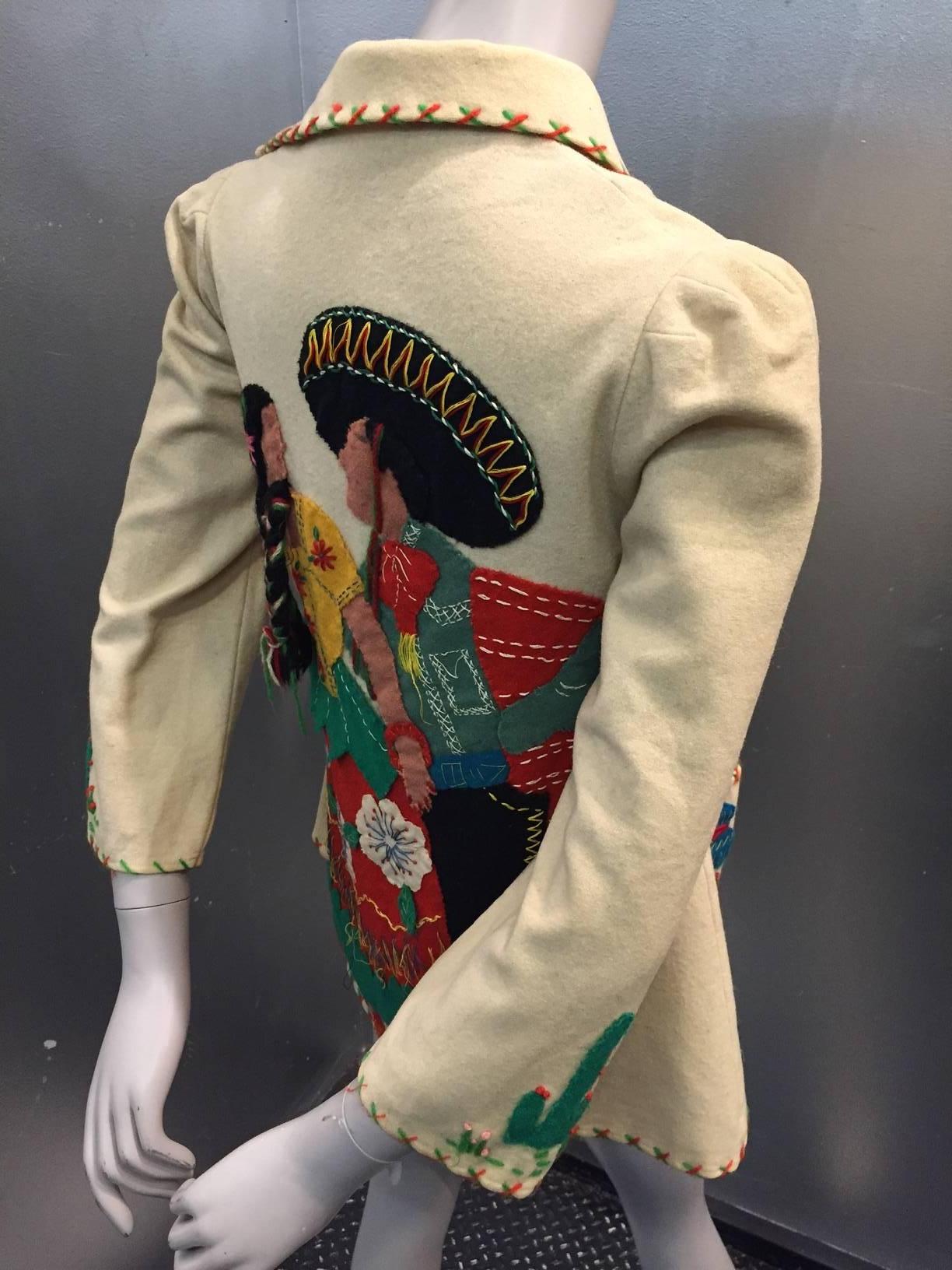Brown 1940s Wool Felt Mexico Souvenir Jacket w Felt Applique