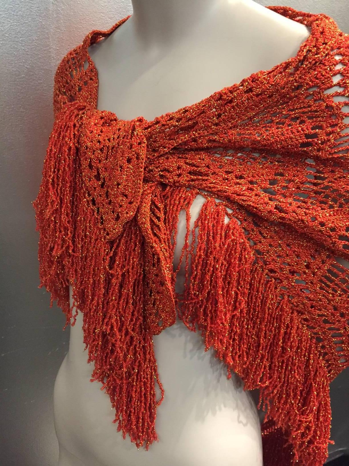 1970s copper rayon yarn and gold lurex crocheted and fringed shawl from Mexico 