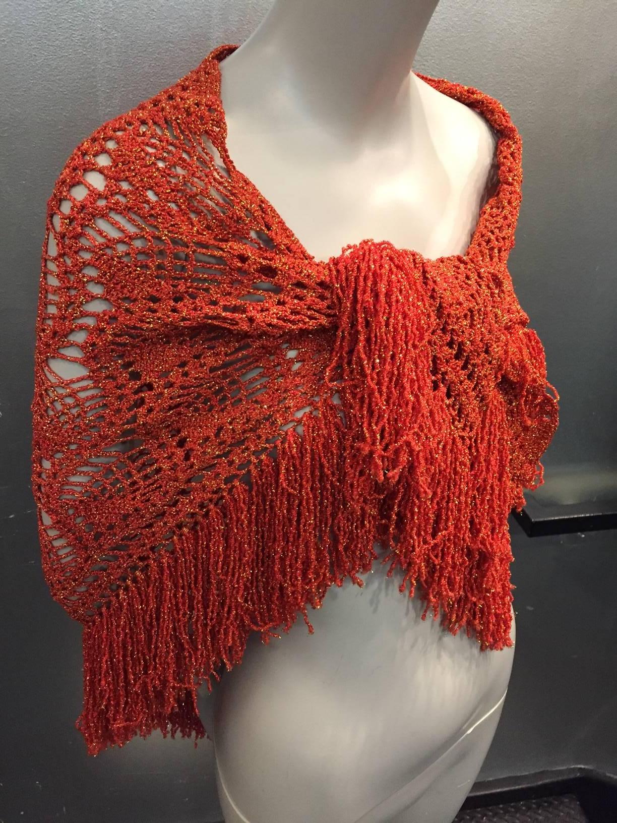 Red 1970s Copper Yarn and Gold Lurex Fringed Crochet Shawl