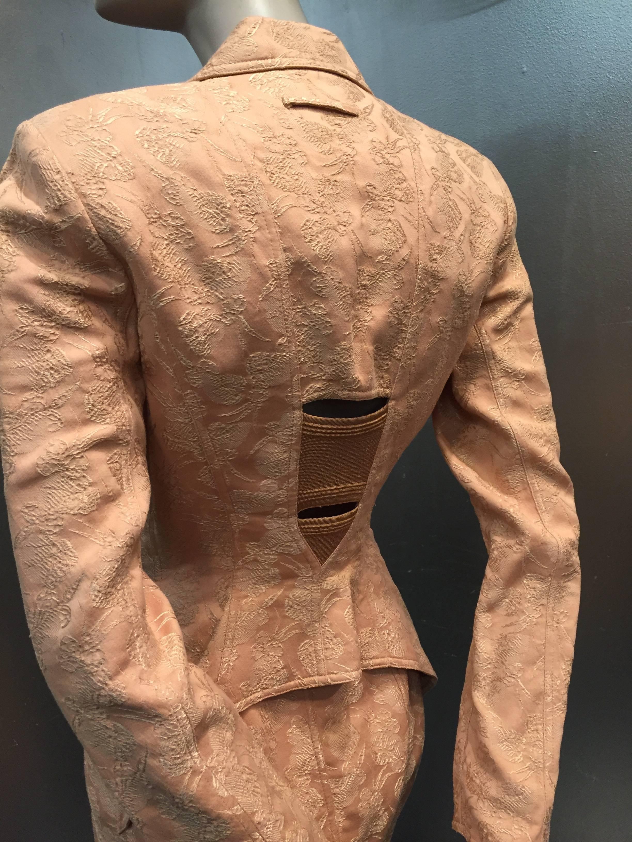 1980s Iconic Jean Paul Gaultier Peach Jacquard Corset-Inspired Skirt Suit 3
