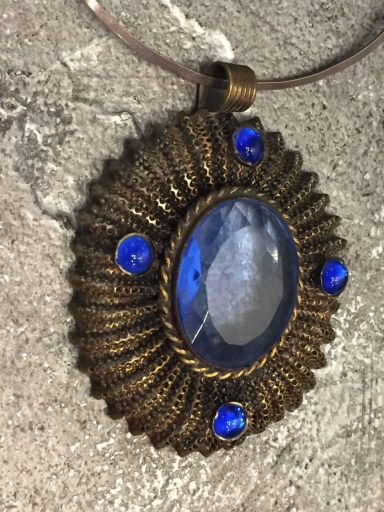 1930s Ben Meltzer fluted metal mesh  pendant w/ cobalt blue faceted glass stones on a marked 