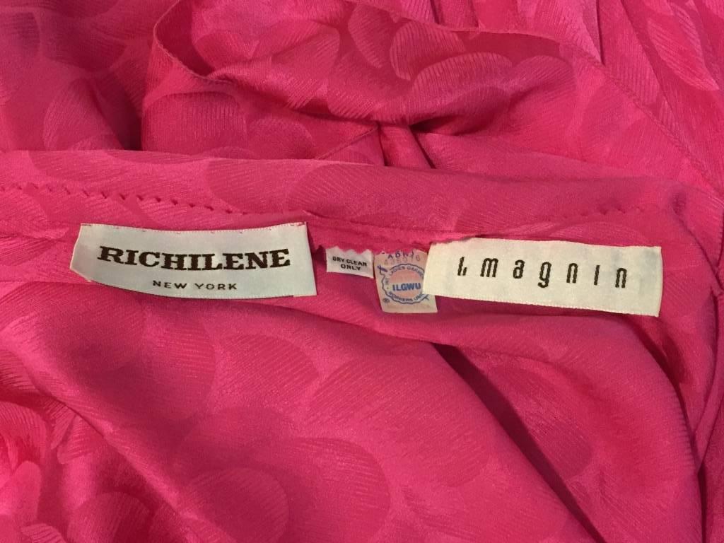 1980s Richilene Fuchsia Silk Jacquard Chemise Dress w Belt.  2